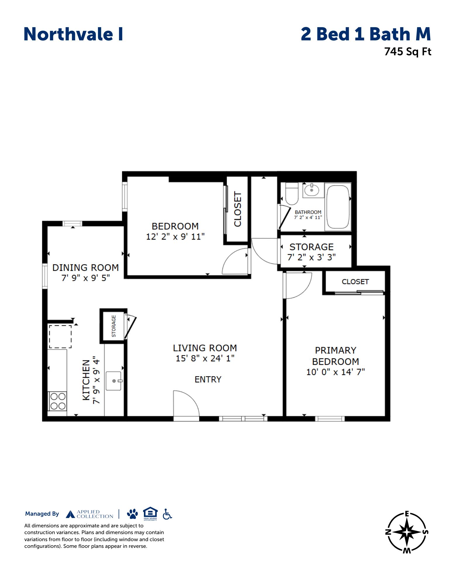Floor plan for 2 beds, 1 bath, 745 sqft